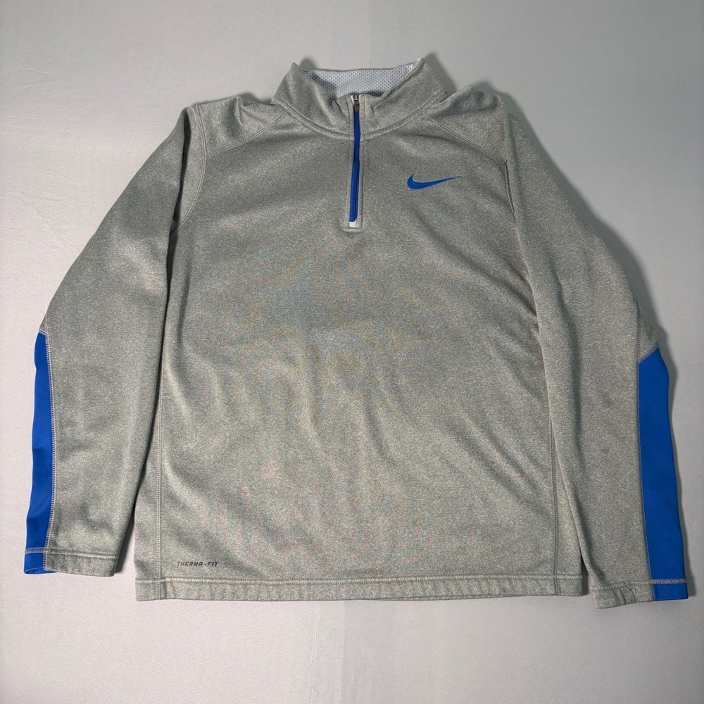 Nike Therma-FIT Mens Large Quarter Zip Pullover Grey Blue Training Sweatshirt
